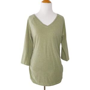 Sundance Lillian Striped Tee Green Ruched 3/4 Sleeves Cotton V Neck Medium